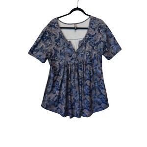 Allegrace Blue Paisley Babydoll V-Neck Short Sleeve Tunic Top 1X Plus Size‎
